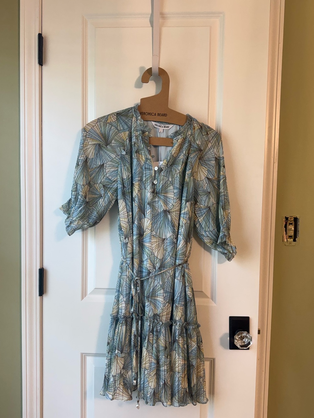 Veronica Beard Blue and Cream Floral Puff-Sleeve Midi Dress